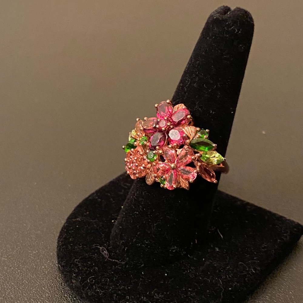 Radiant Multi-gem Flower and Sterling Silver Cocktail Ring, Size 8.5